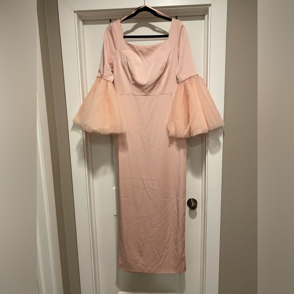 Mac Duggal Blush Pink Long Sleeve Maxi Gown with Sheer Bell Sleeves - Picture 4 of 11